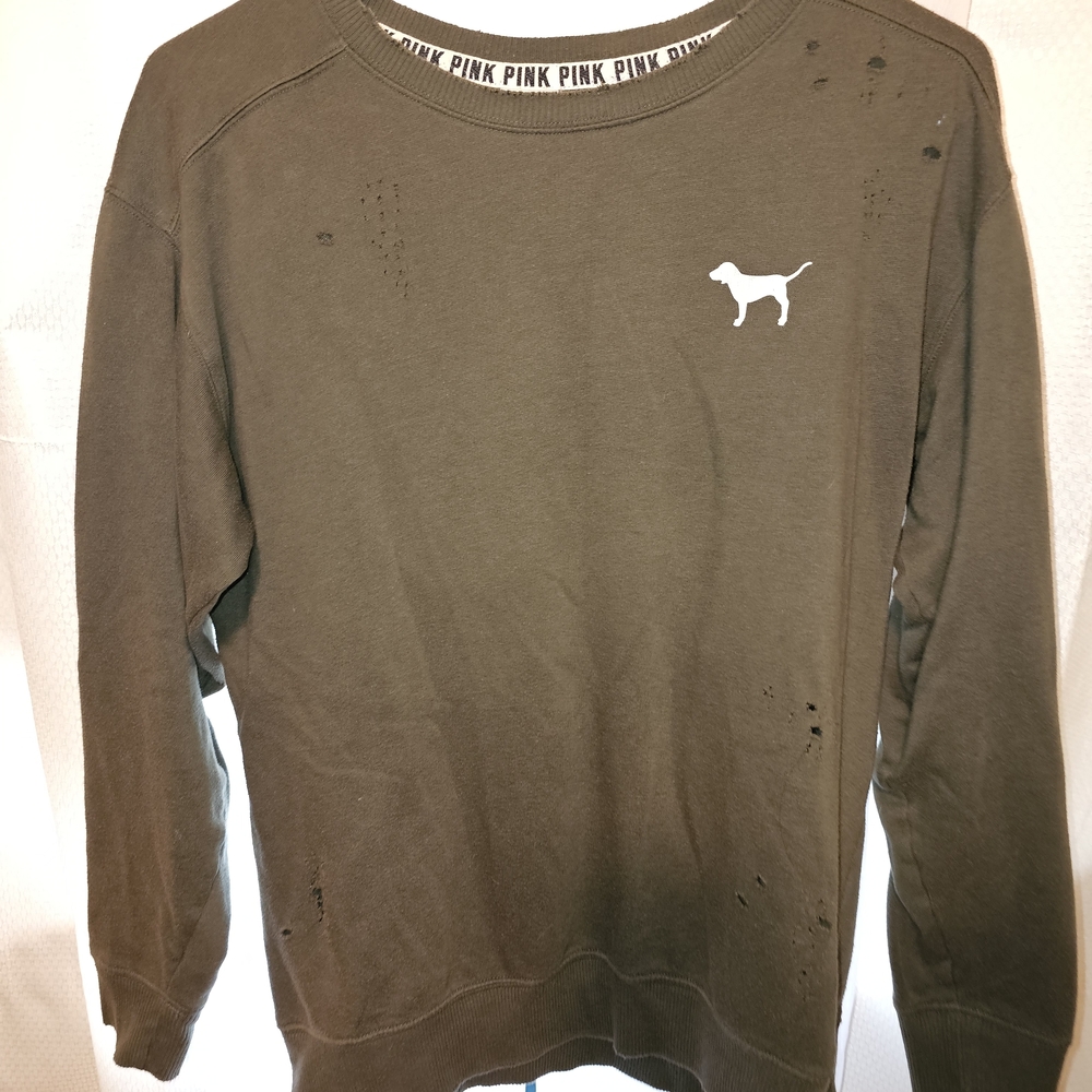 PINK Victoria's Secret Olive Green Logo Pullover Sweater